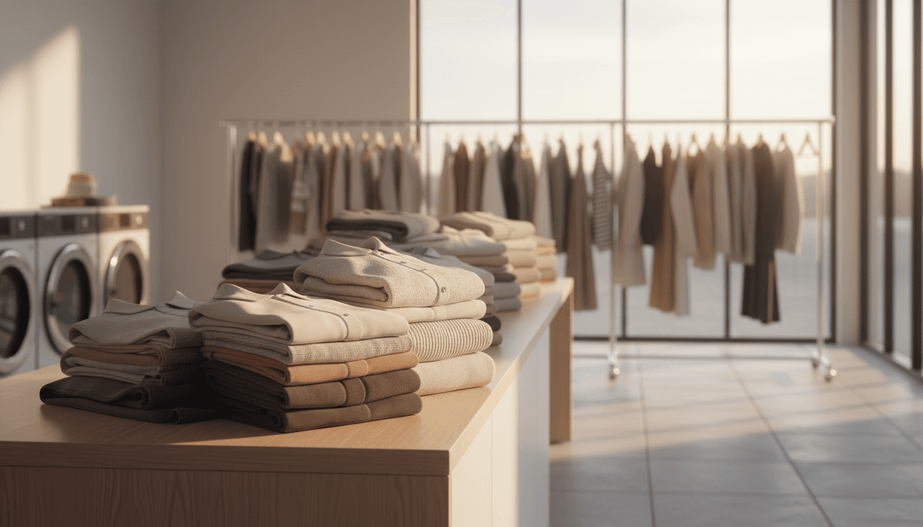 Neatly folded laundry in a bright, clean facility